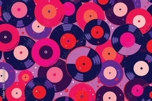 Vibrant retro vinyl records pattern background with pink and purple hues