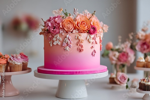 A vibrant ombre wedding cake with shades of pink and peach, creating a beautiful gradient effect that adds warmth to the celebration