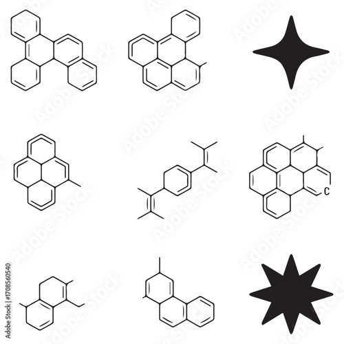 Collection of hand drawn chemical structures and starburst shapes representing organic molecules and abstract geometric forms