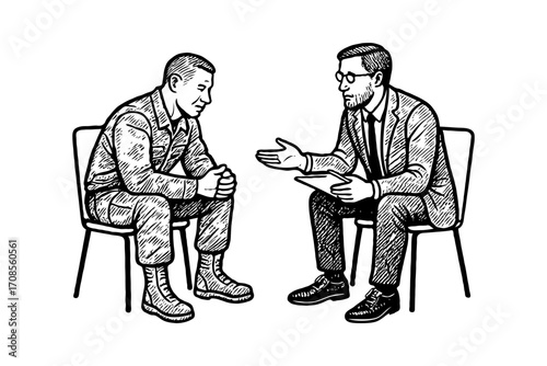 A soldier and a therapist talking seriously in a sketch style on white background, concept of mental health support and military counseling