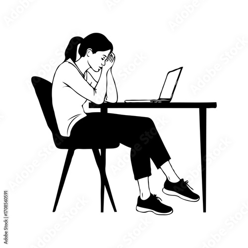 Woman sitting at table with laptop, head in hands in stress, black and white style, white background, concept of burnout and frustration