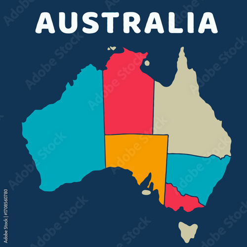colorful map of Australia on dark background with detailed outline vector illustration