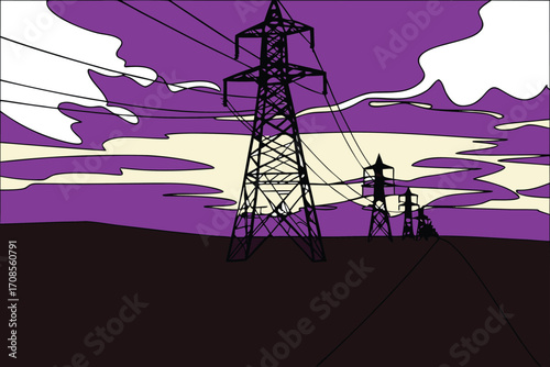 Dramatic purple sunset over silhouetted power lines and pylons