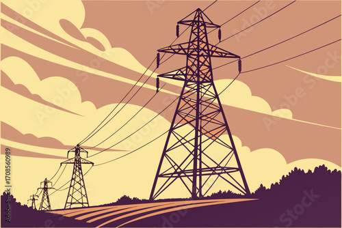 Power lines and pylons in a stylized landscape with dramatic clouds