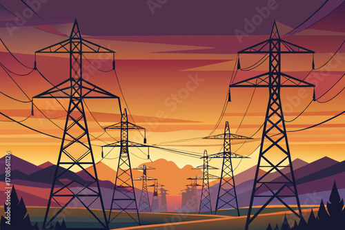 Electrical power transmission towers against a vibrant sunset sky