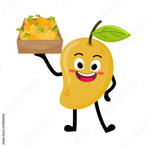 Cute Hand Drawn Mango Selling Fruit holding a crate of mangoes