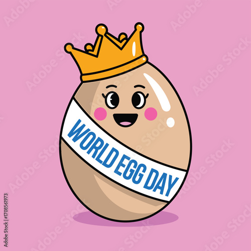Vector art of a single cartoon egg wearing a golden crown and a world egg day sash, smiling against a pink background