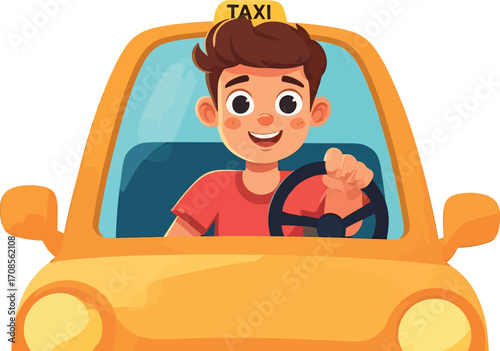 Cheerful young man driving a yellow taxi cab cartoon.