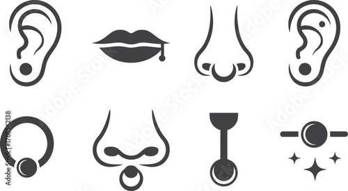 Collection of body piercing icons and illustrations