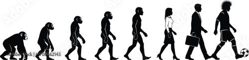 Human evolution stages from ape to modern business and sports lifestyle, cultural progress, posture change, vector illustration, isolated on white background