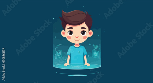 Cute cartoon boy character interacting with a futuristic interface.