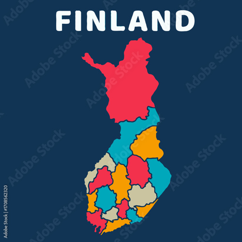 colorful map of Finland on dark background with detailed outline vector illustration