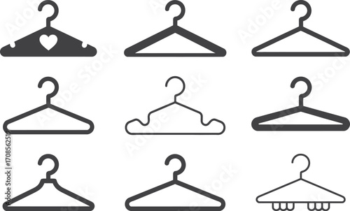 Collection of nine different clothing hangers in a grid layout