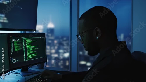Software engineer working late at night, coding on multiple monitors in a modern office with city