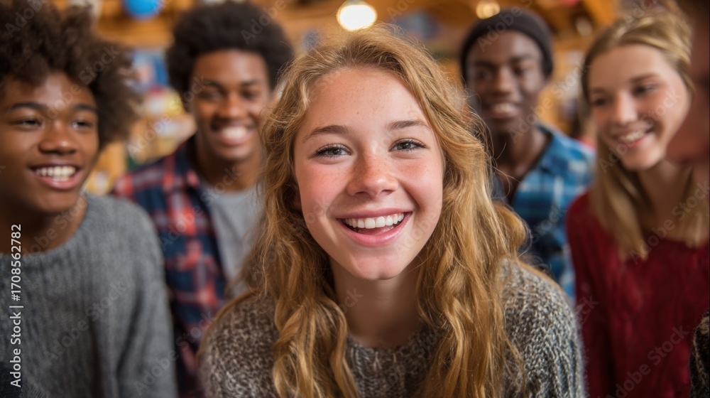 Fototapeta premium Joyful group of diverse teenagers smiling and enjoying each other's company indoors with warm lighting and friendly atmosphere