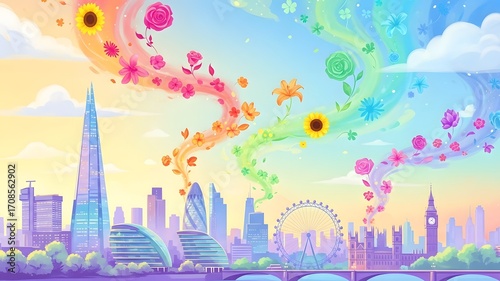 The Aroma of the City: London's skyline, with rainbow-colored flowers floating in the air, symbolizes beauty, scent, and magic