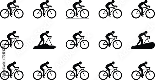 Diverse silhouettes showcase cyclists in various dynamic poses and terrains.