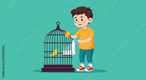 Cartoon Boy Carefully Cleaning a Birdcage with a Canary Inside.