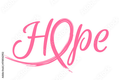 Breast cancer awareness pink ribbon shaped into the word hope with elegant typography, symbolizing strength, cure, and support for women’s health