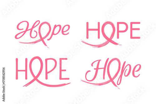 Set of breast cancer awareness hope word designs with pink ribbon typography, symbolizing support, strength, and solidarity in the fight against cancer