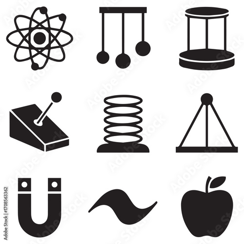 Collection of nine black science and physics icons representing atomic structure newton s cradle a pendulum a lever a spring a magnet and an apple