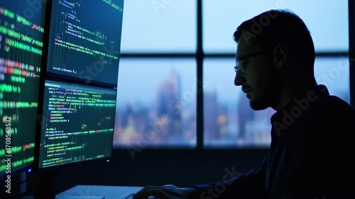 Dedicated software engineer coding on multiple screens against the city backdrop