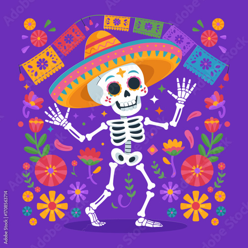 Dia de Muertos dancing skeleton, joyful sombrero character, floral confetti, purple background, energetic celebration graphic, playful vector illustration