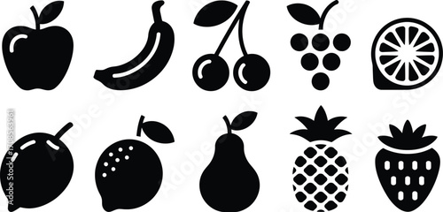 Collection of simple black fruit icons on a white background