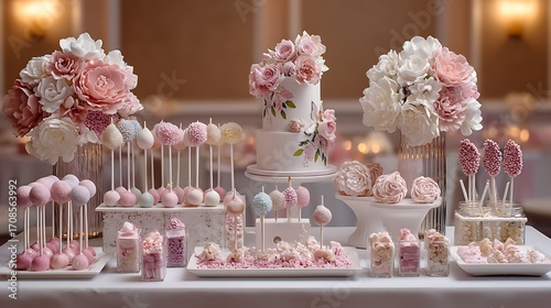 A wedding reception cake display featuring a mix of wedding cake pops, cupcakes, and candies, all elegantly decorated with intricate sugar flowers