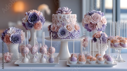 A wedding reception cake display featuring a mix of wedding cake pops, cupcakes, and candies, all elegantly decorated with intricate sugar flowers