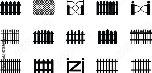 Collection of diverse fence and gate icons for graphic design