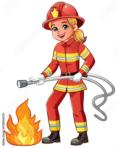 Firefighter using a hose to extinguish flames, cartoon style

