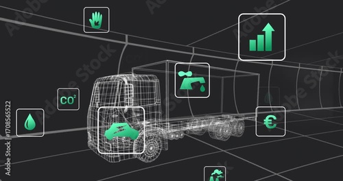 Starting with wireframe cargo truck in grid tunnel, fading icons cycling data for fleet telematics
