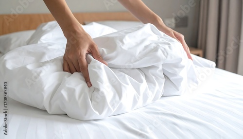 A close-up captures hands arranging pristine white bedding on a bed with a wooden headboard. Light from a window provides subtle illumination