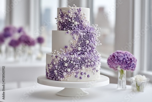 A stunning white wedding cake decorated with delicate purple sugar bubbles, adding a unique touch to a classic design
