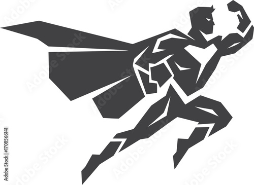 Stylized silhouette of a superhero in action with a flowing cape