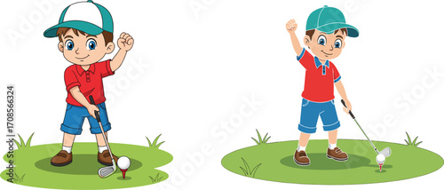 Vector illustration of happy boy playing golf, child holding club, hitting ball on grass field, outdoor sport activity, fun, recreation, competition, training