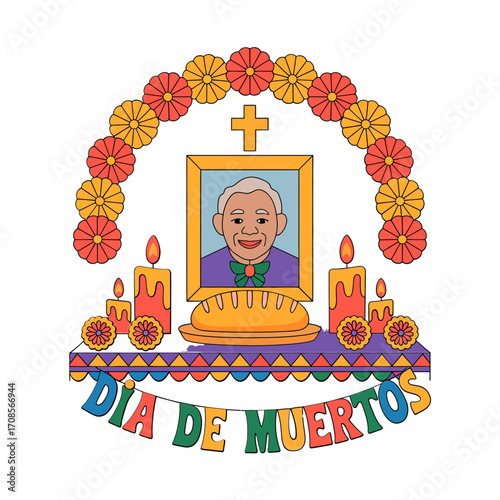 Day of the Dead ofrenda altar, framed portrait, marigold arch, candles, cross, white background, remembrance vector illustration