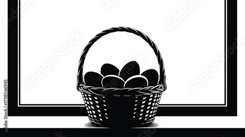 Black and white illustration of a woven basket filled with dark eggs vector