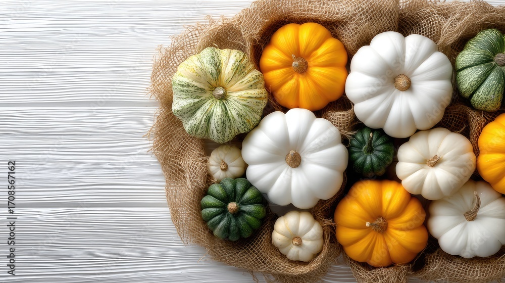 Fototapeta premium A collection of pumpkins in shades of orange and white, arranged neatly on a wooden surface, creating a warm fall scene