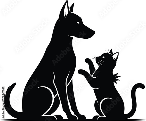 Silhouette of dog and cat sitting face to face in playful interaction, representing pet friendship, animal companionship, and domestic animal behavior