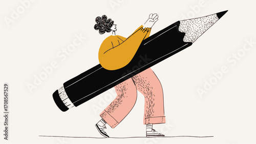 Creative cartoon illustration of a woman with a giant pencil representing imagination, study and business