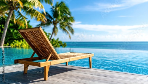 Fototapeta Naklejka Na Ścianę i Meble -  Tropical Poolside Lounger with Ocean View Relaxation, and Vacation Sunny Day.