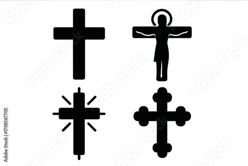 Christian cross icon set vector silhouette. Religious symbols collection with crucifix, catholic and decorative crosses. Faith, God, and church concept design elements.