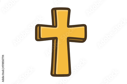Golden cross icon, a Catholic and Christian symbol. Flat design vector cartoon illustration. Religious faith concept. Holy crucifix element for church, Easter, and spiritual themes.