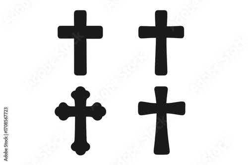 Christian cross silhouette icon set. Vector collection of religious symbols. Black graphic crucifix signs for faith, church, and God concepts. Catholic and Orthodox design.