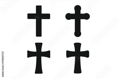 Christian cross silhouette vector icon set. Collection of black religious symbols of faith, Jesus, and God. Graphic illustration for church, Easter, crucifix, spirituality.