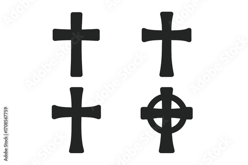 Christian cross icon set. Religious symbol collection. Celtic cross. Silhouette vector graphic. Faith, crucifix, catholic, orthodox signs. God, Jesus, holy spirit, prayer.