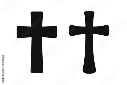 Christian cross icon silhouette, religious symbol design, vector illustration for transparent background, set of two shapes, sacred faith sign, gothic and rounded, graphic elements, no text