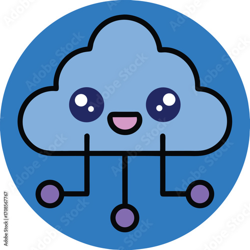 Cute cartoon cloud character with purple circles and blue background